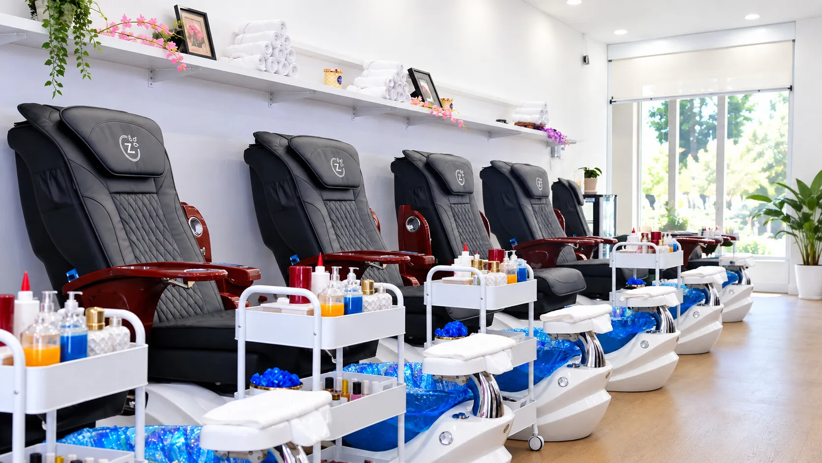 The row of black massage pedicure chairs, each with its own foot spa, at Brighton Beauty Studio