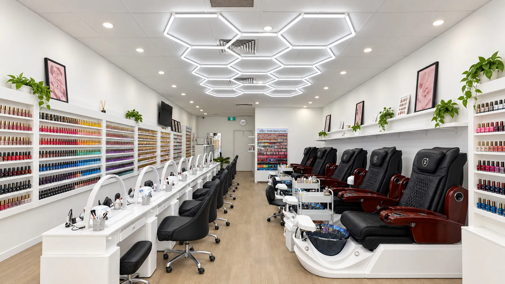 The main room at Brighton Beauty Studio, with the manicure bench and its wall of colour down one side and the black pedicure chairs opposite