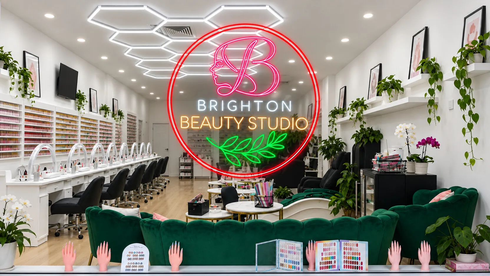 The Brighton Beauty Studio window on Jetty Road, the neon sign lit in the glass with the manicure bench and green velvet sofas behind it
